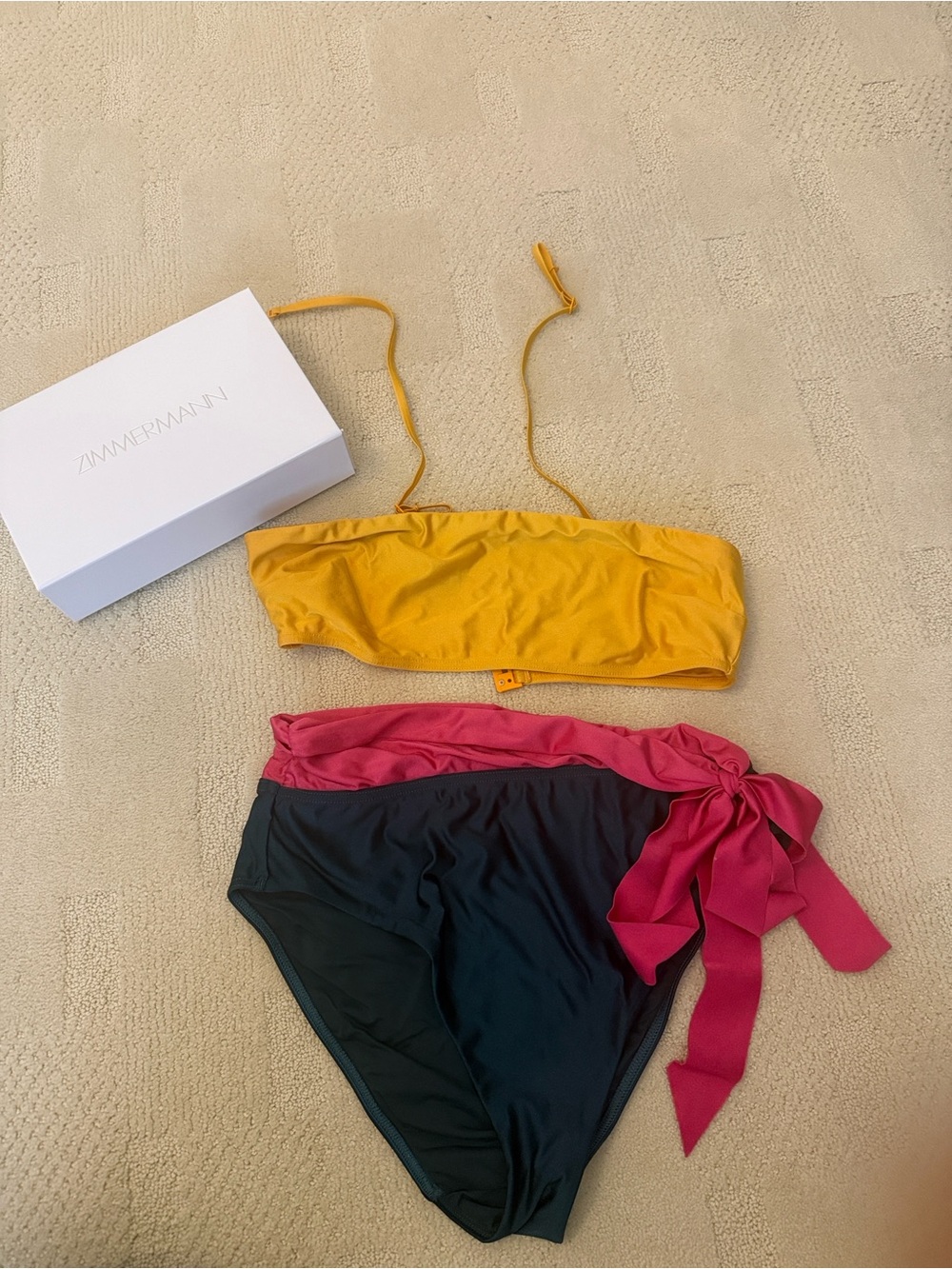 Zimmermann Mustard Yellow Bandeau Top with Green/Fuchsia High-Waist- Size 3